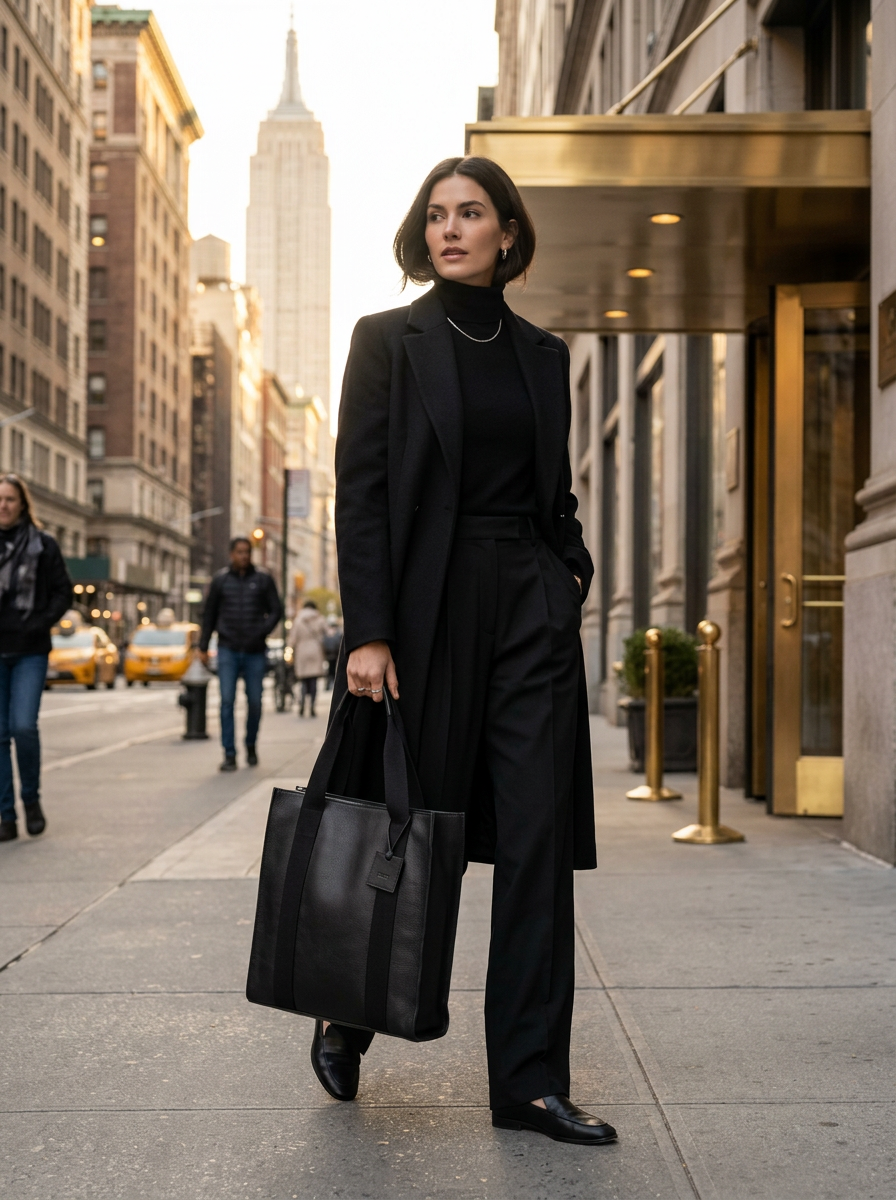 Leather Tote Black Manhattan Collection