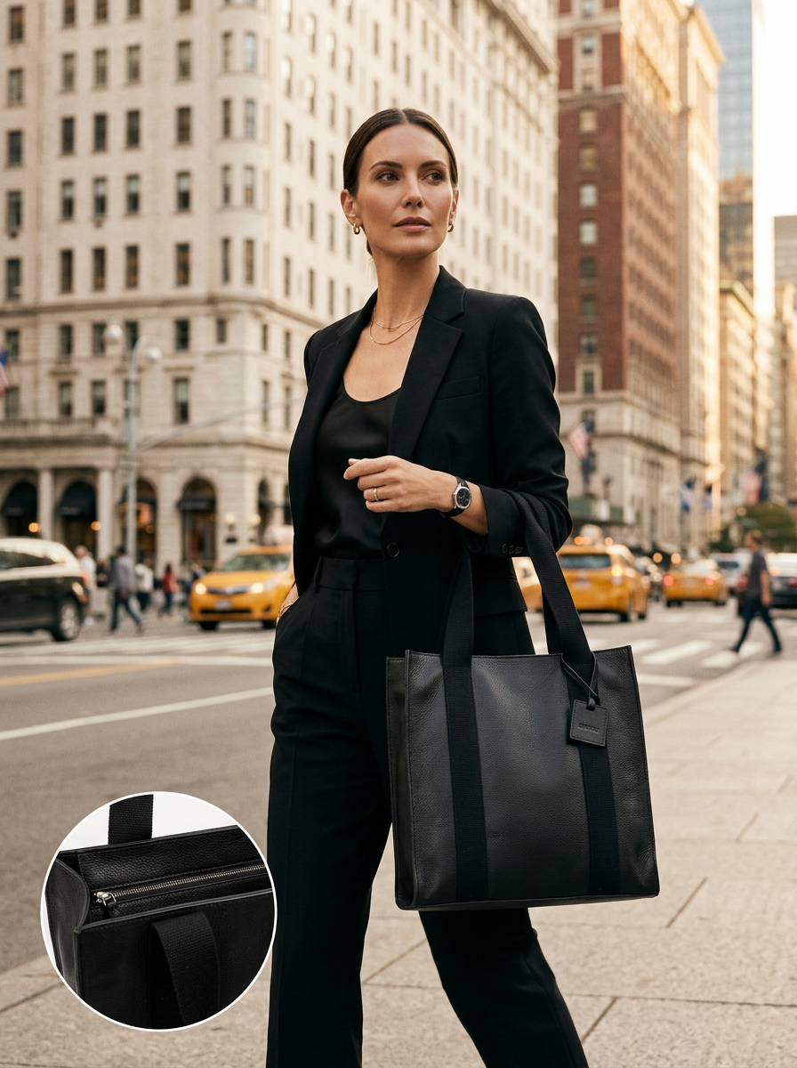 Leather Tote Black Manhattan Collection