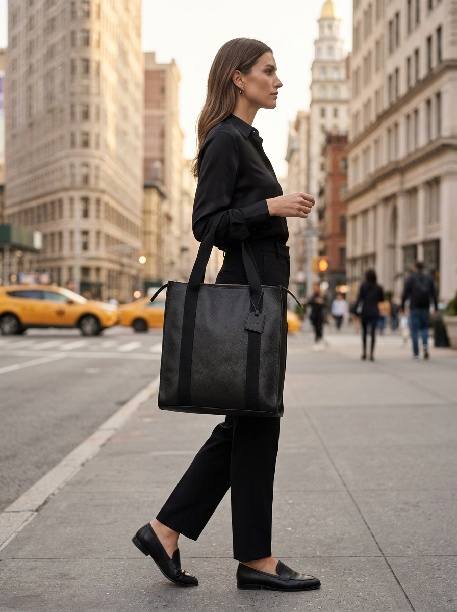 Leather Tote Black Manhattan Collection