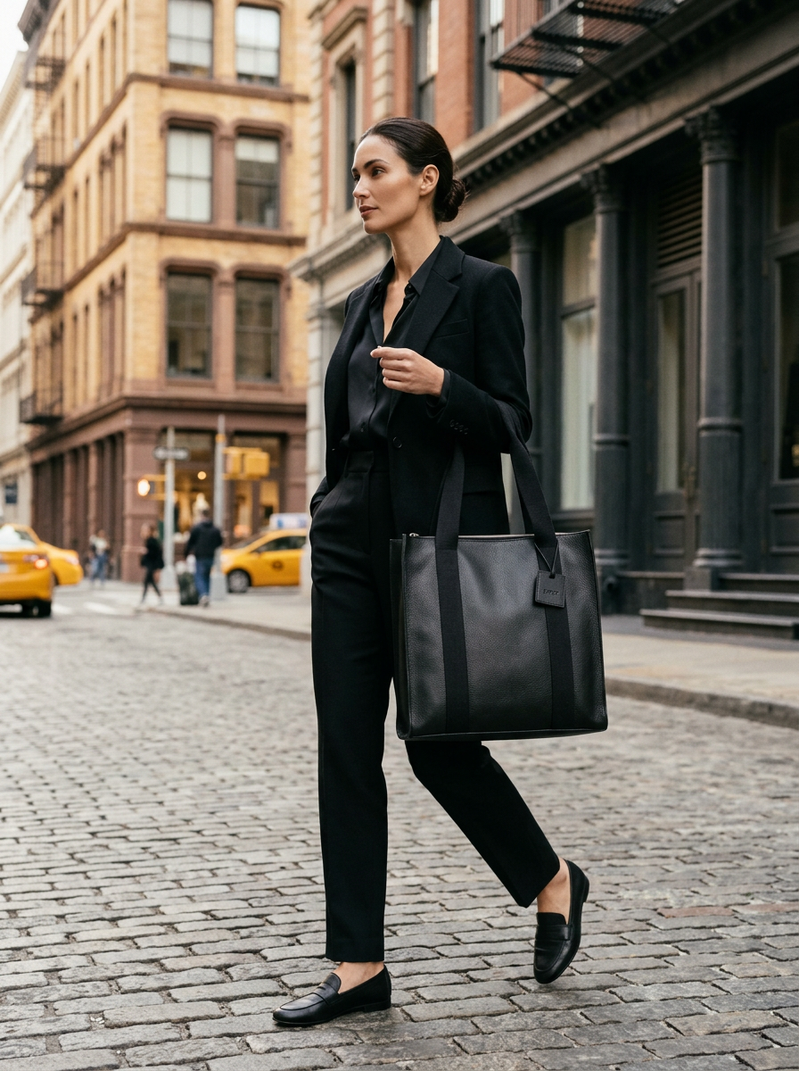 Leather Tote Black Manhattan Collection