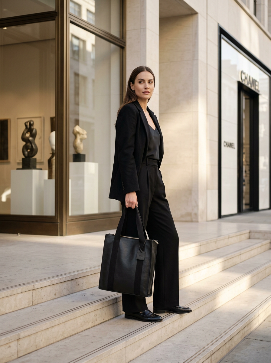 Leather Tote Black Manhattan Collection
