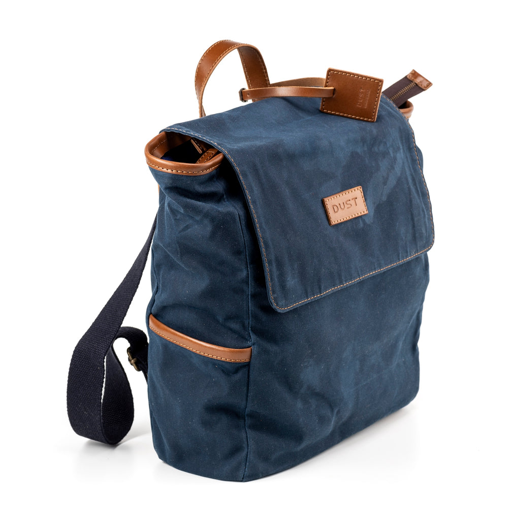 Leather Backpack In Waxed Cotton Made in USA Blue