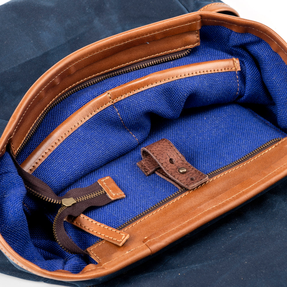 
                      
                        Leather Backpack In Waxed Cotton Made in USA Blue
                      
                    