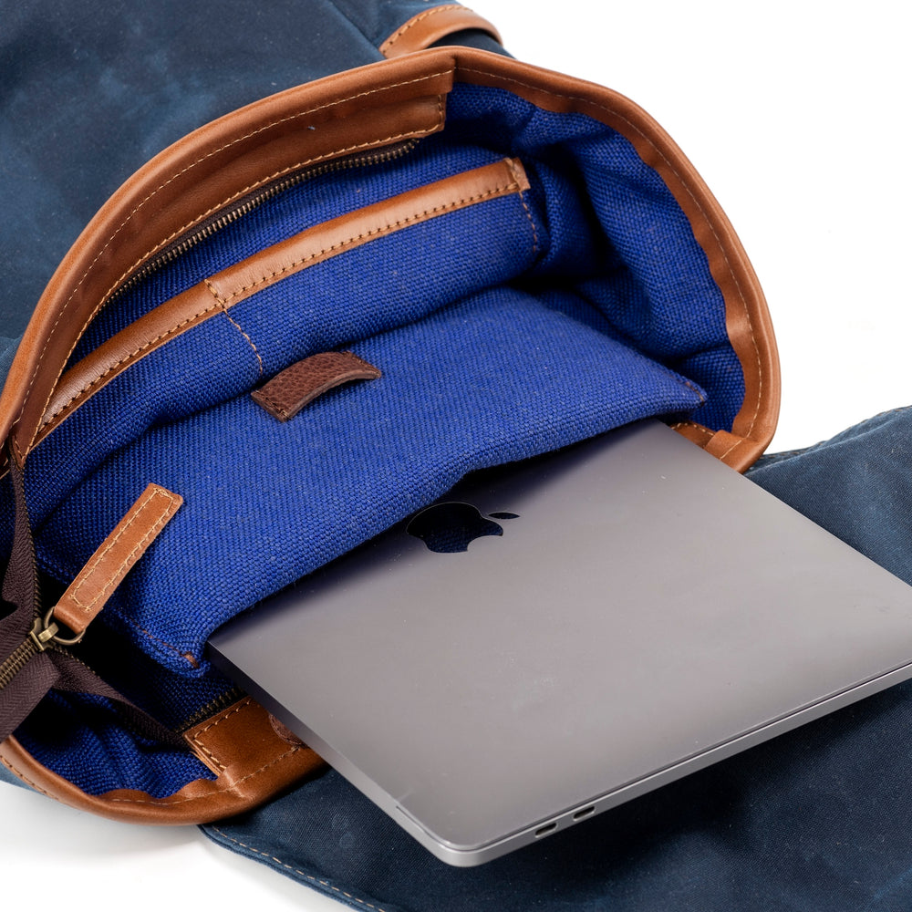 
                      
                        Leather Backpack In Waxed Cotton Made in USA Blue
                      
                    