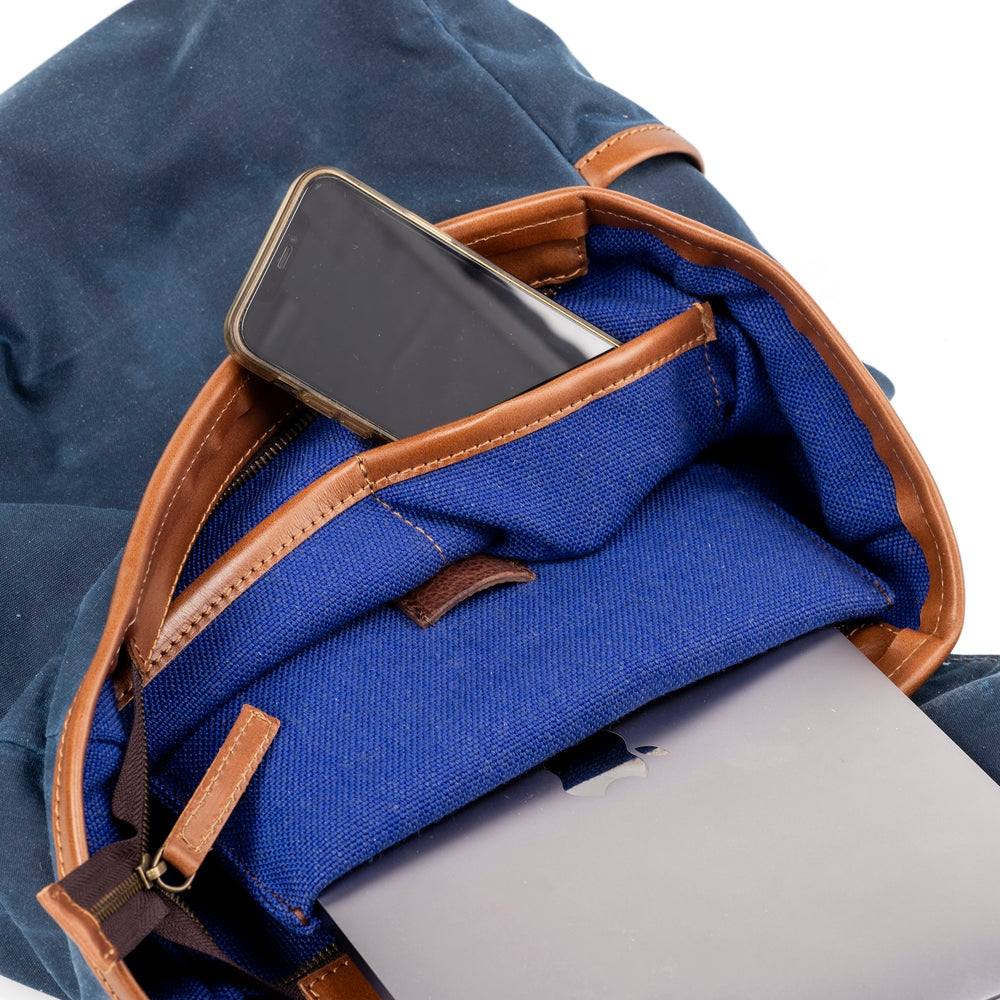 
                      
                        Leather Backpack In Waxed Cotton Made in USA Blue
                      
                    