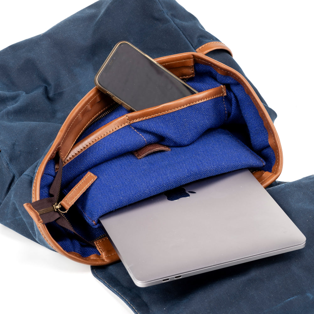 
                      
                        Leather Backpack In Waxed Cotton Made in USA Blue
                      
                    