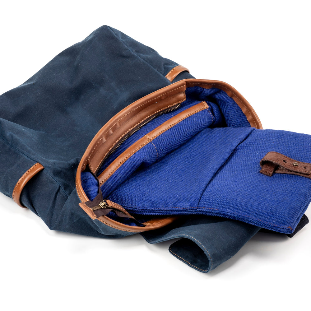 
                      
                        Leather Backpack In Waxed Cotton Made in USA Blue
                      
                    