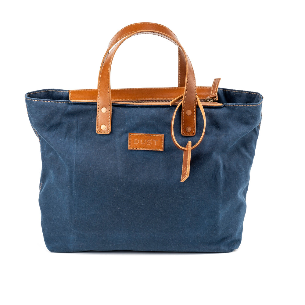 Leather Tote In Waxed Cotton Made in USA Blue