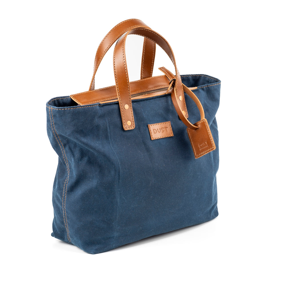 Leather Tote In Waxed Cotton Made in USA Blue