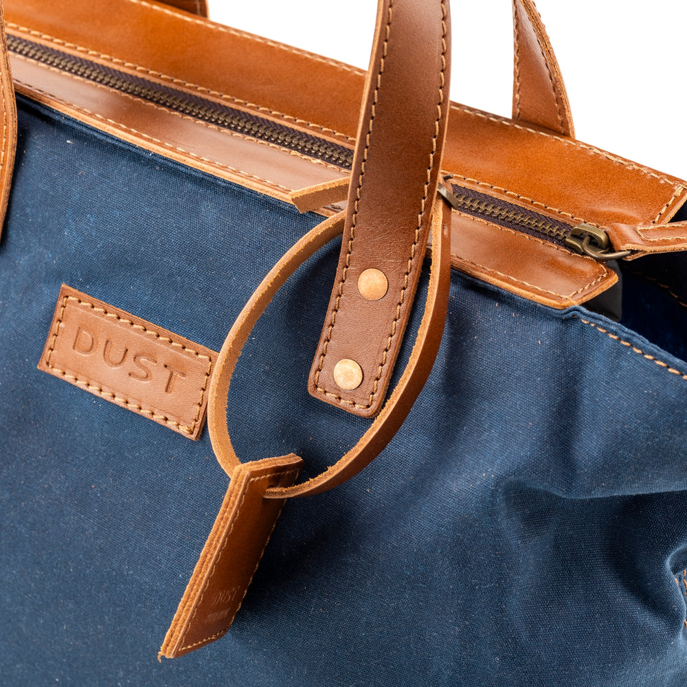 
                      
                        Leather Tote In Waxed Cotton Made in USA Blue
                      
                    