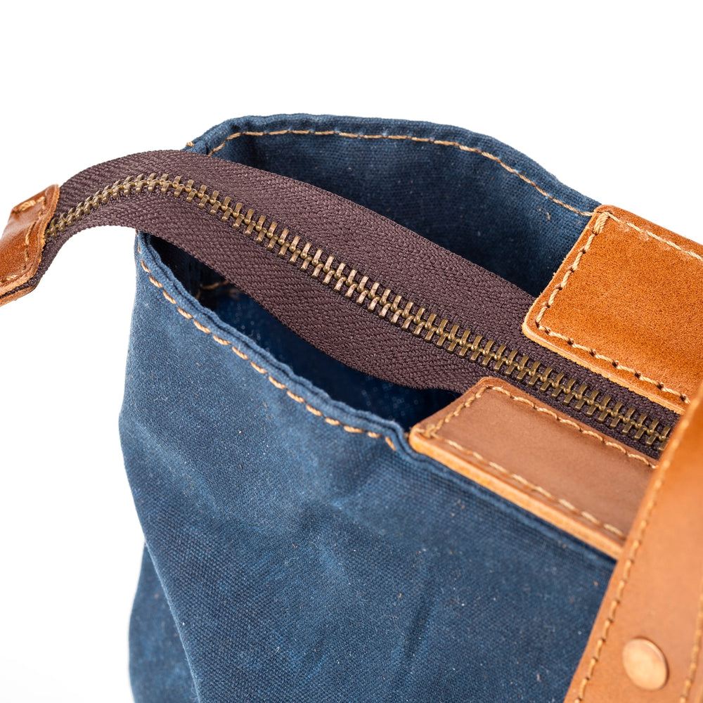 
                      
                        Leather Tote In Waxed Cotton Made in USA Blue
                      
                    