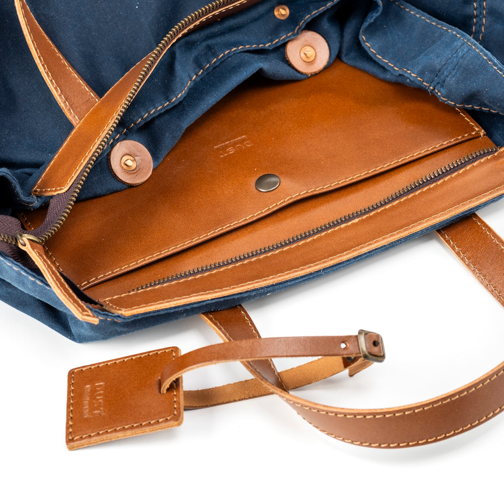 
                      
                        Leather Tote In Waxed Cotton Made in USA Blue
                      
                    