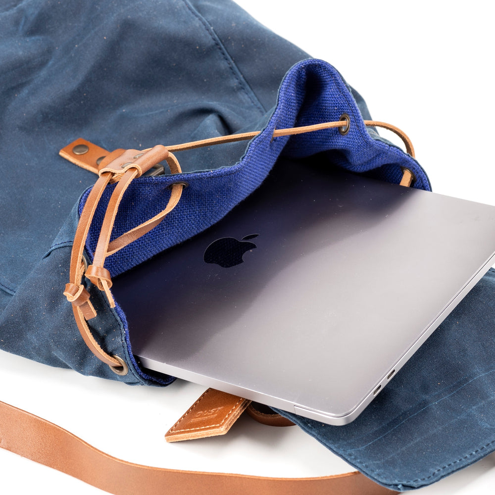 
                      
                        Leather Backpack With Waxed Cotton Made in USA Blue
                      
                    