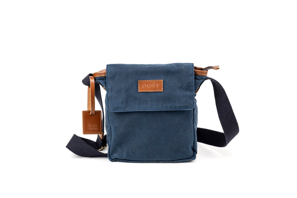 Leather Messenger In Waxed Cotton Made in USA Blue