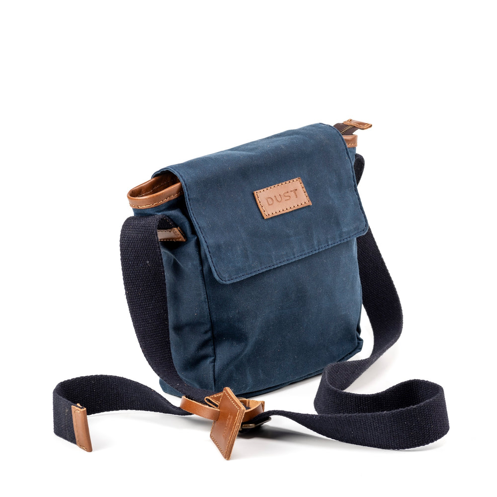 Leather Messenger In Waxed Cotton Made in USA Blue