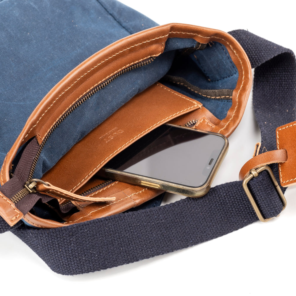 
                      
                        Leather Messenger In Waxed Cotton Made in USA Blue
                      
                    