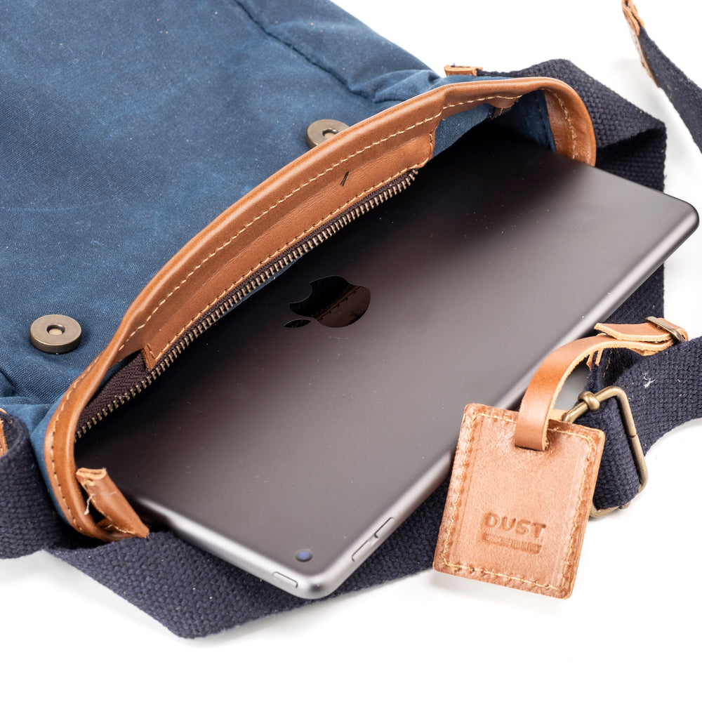 
                      
                        Leather Messenger In Waxed Cotton Made in USA Blue
                      
                    