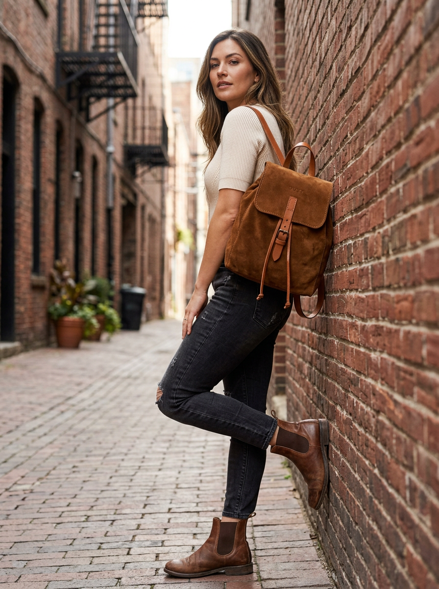 Leather Backpack in Suede Brown Venice Collection