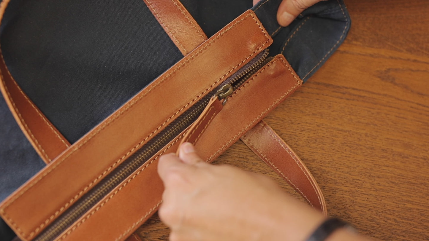 Leather Tote In Waxed Cotton Made in USA Brown